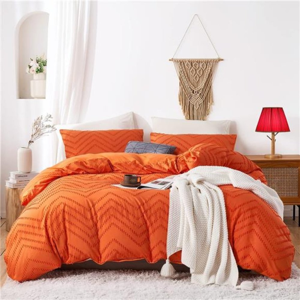 Boho Duvet Cover Set , 3 Pieces Washed Microfiber Tufted Textured Fabric Bedding